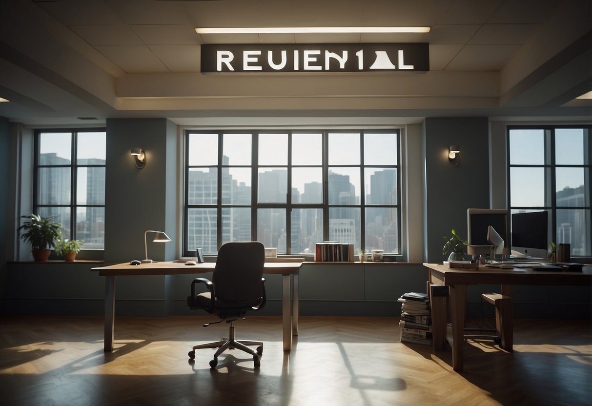 A room with a desk, chair, and bookshelf. A sign reads "Frequently Asked Questions" on the building