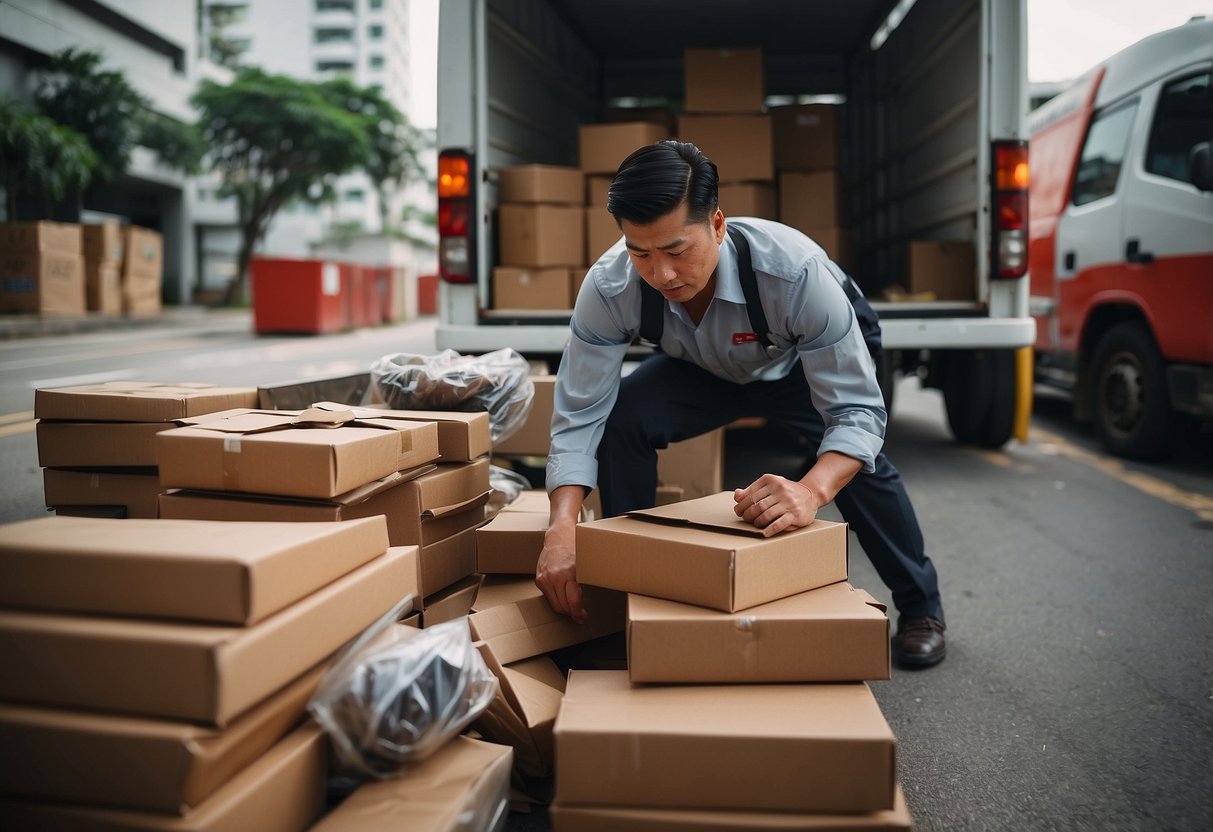 A person loads furniture onto a Salvation Army truck in Singapore