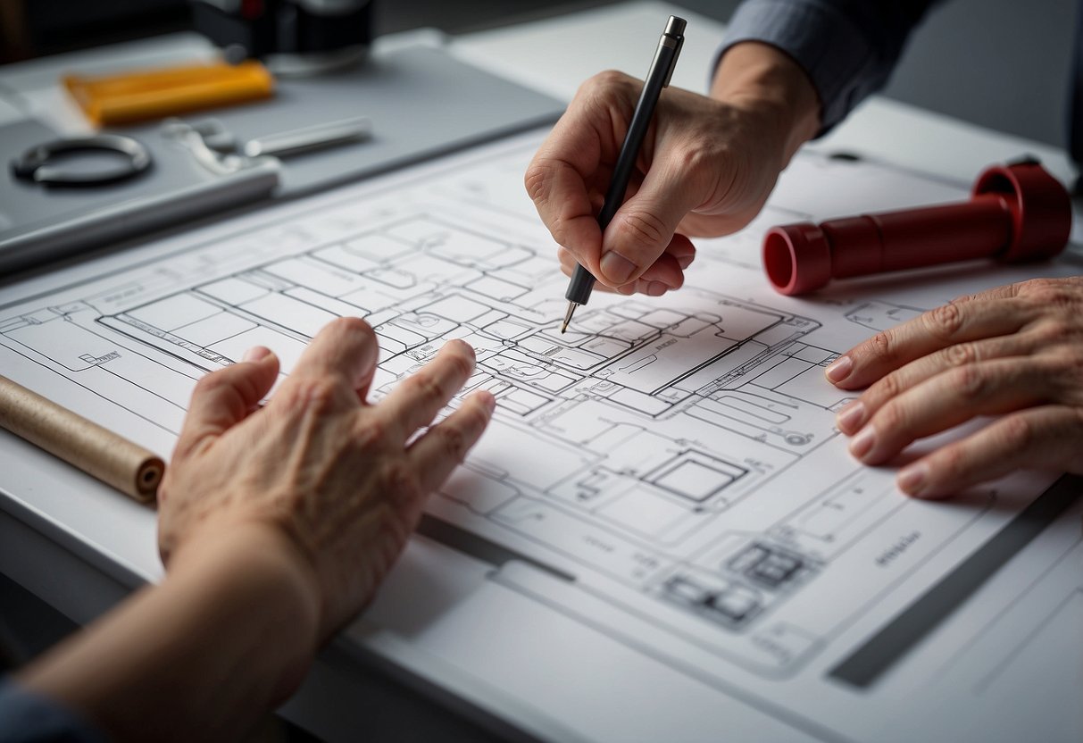 A hand holding a Rotring furniture template, with various furniture shapes and measurements drawn on a drafting table