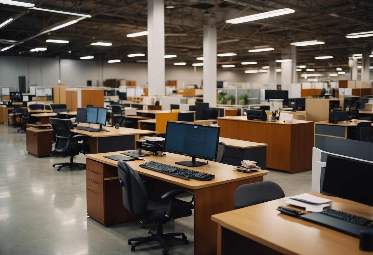 Office furniture being exchanged in a bustling marketplace. Tables, chairs, and cabinets are displayed and negotiated for sale
