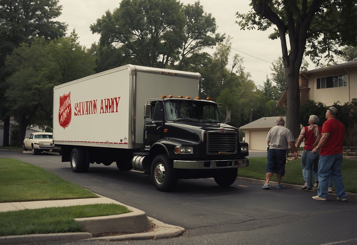 A Salvation Army truck pulls up to a home, volunteers load furniture onto the truck