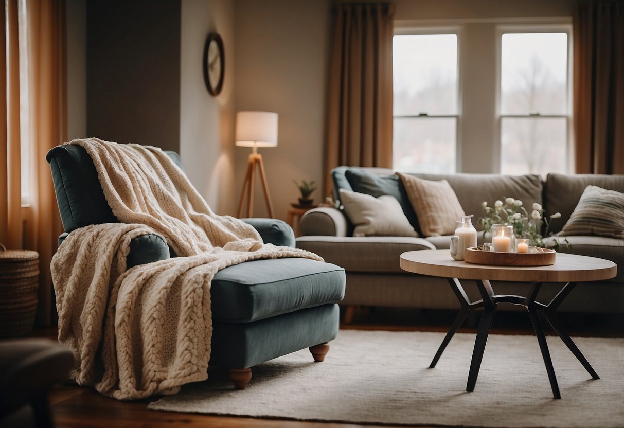 A cozy living room with a comfortable recliner, soft throw pillows, and a warm blanket