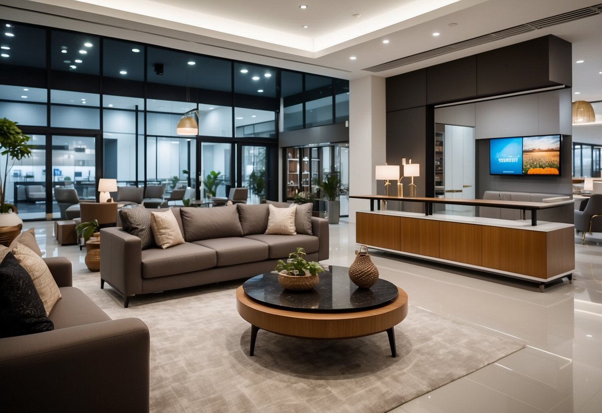 A spacious showroom with modern furniture displays at Rozel's West 30 Toh Guan Rd location. Bright lighting and sleek designs create an inviting atmosphere for customers to explore