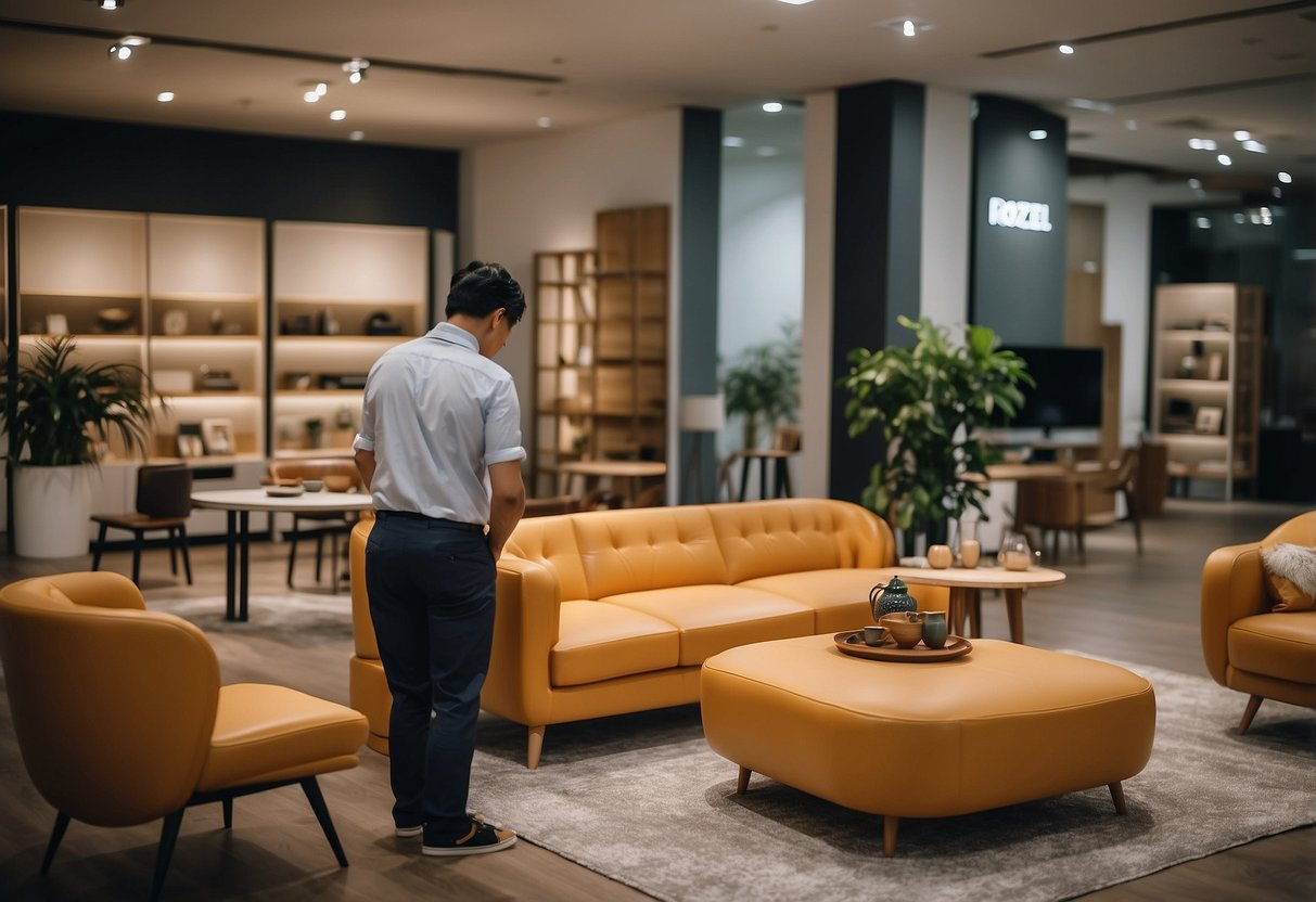 A customer browsing through modern furniture displays at Rozel Furniture Jurong showroom