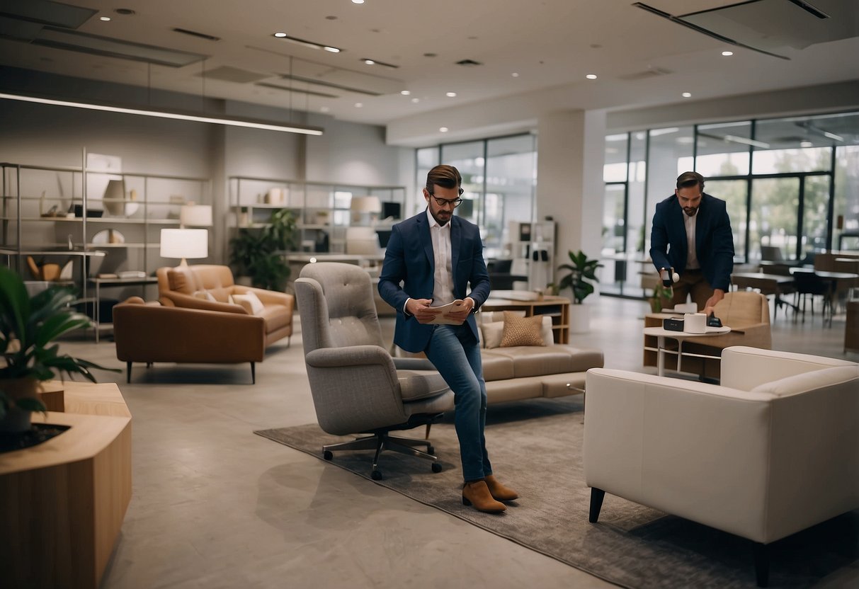 A customer browsing through various office furniture options in a showroom, while a salesperson assists them with the selection process