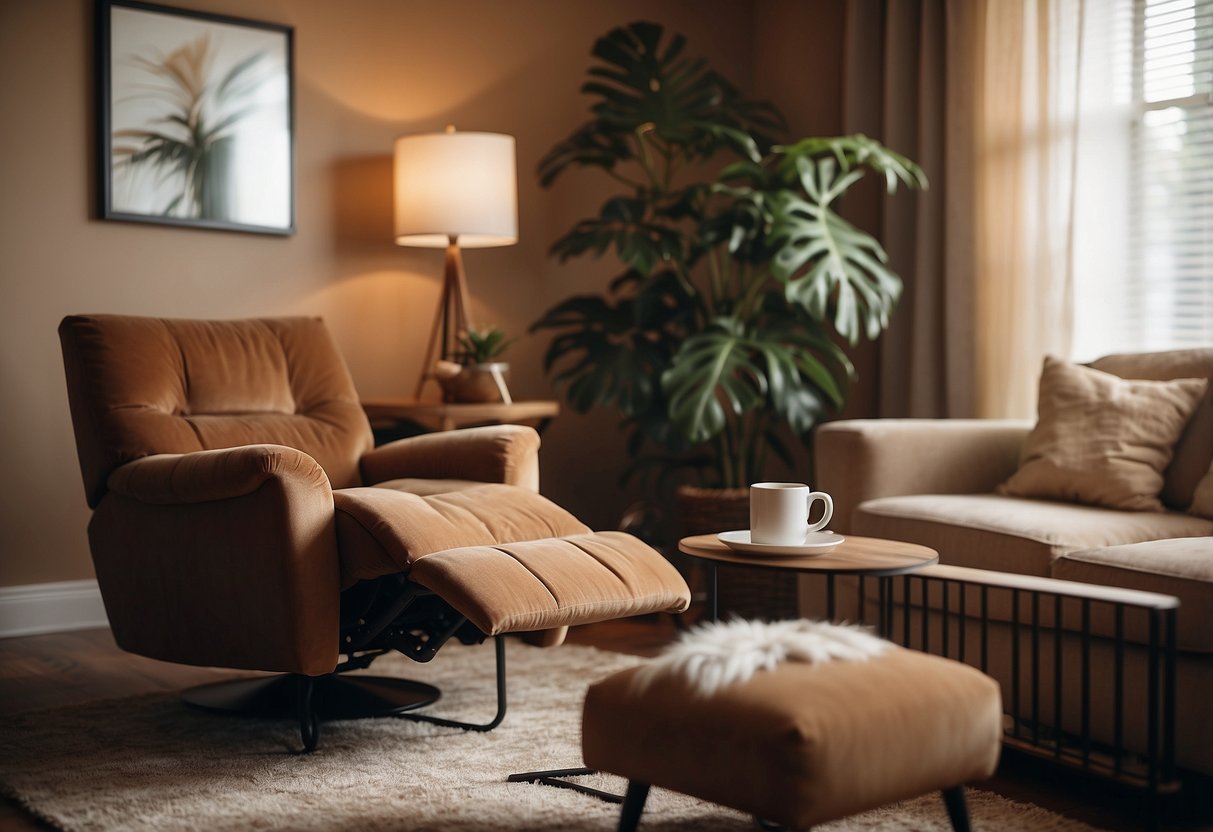 A cozy living room with a plush recliner, soft lighting, and warm earth tones. A side table holds a book and a cup of coffee