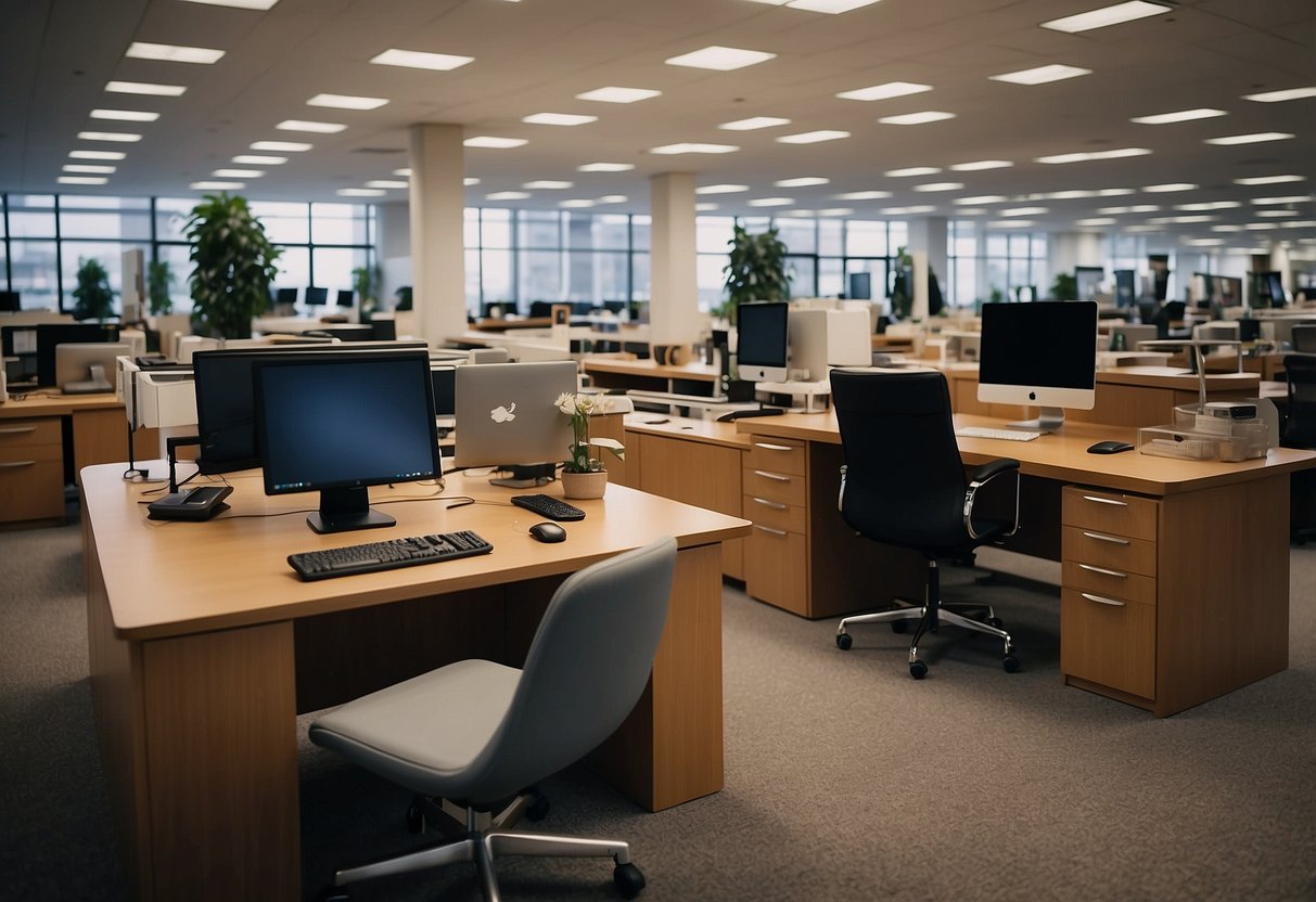 A bustling office furniture marketplace with various desks, chairs, and cabinets on display. Customers browse and negotiate prices with sellers