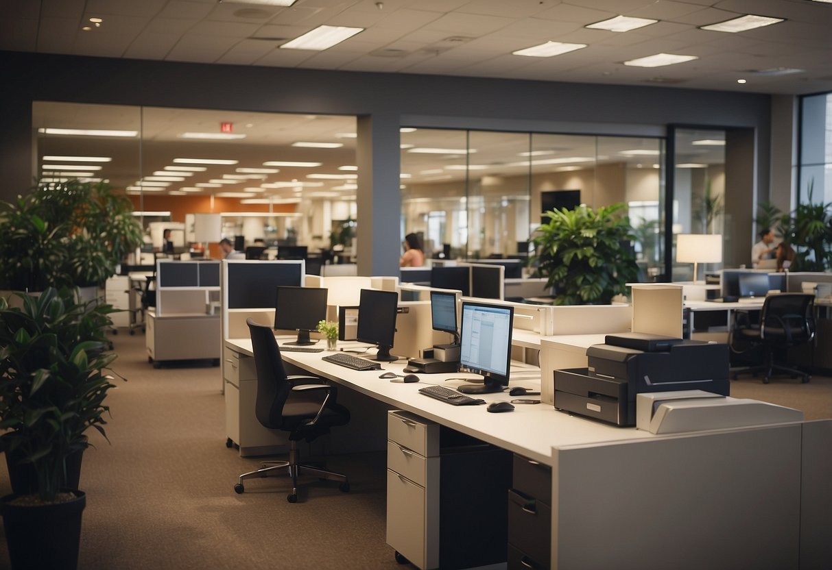 Office furniture being bought and sold. Customers browsing, asking questions. Salespeople assisting. Signs with "Frequently Asked Questions" displayed