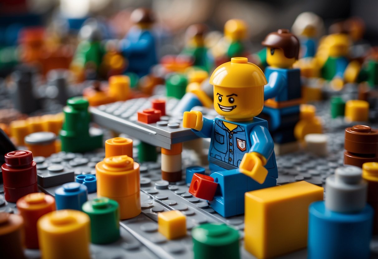 Life-size Lego furniture being designed and built, with colorful bricks stacked and arranged to create chairs, tables, and shelves