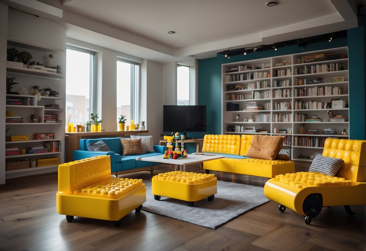 A living room with life-size lego furniture, including a sofa, coffee table, and bookshelf. The furniture is colorful and modular, showcasing the practical applications and innovations of lego in interior design