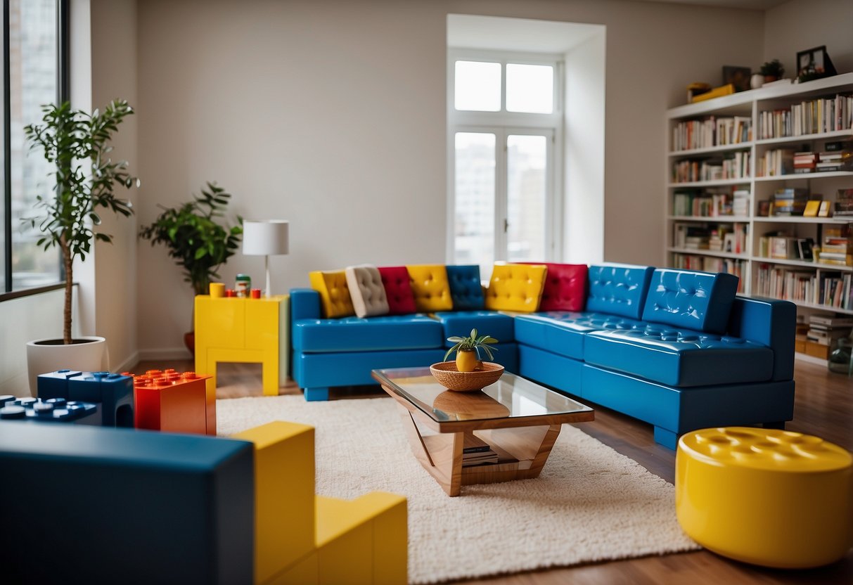 A spacious, well-lit room filled with life-size LEGO furniture, including a sofa, coffee table, and bookshelf. The furniture is brightly colored and arranged in a modern, minimalist style