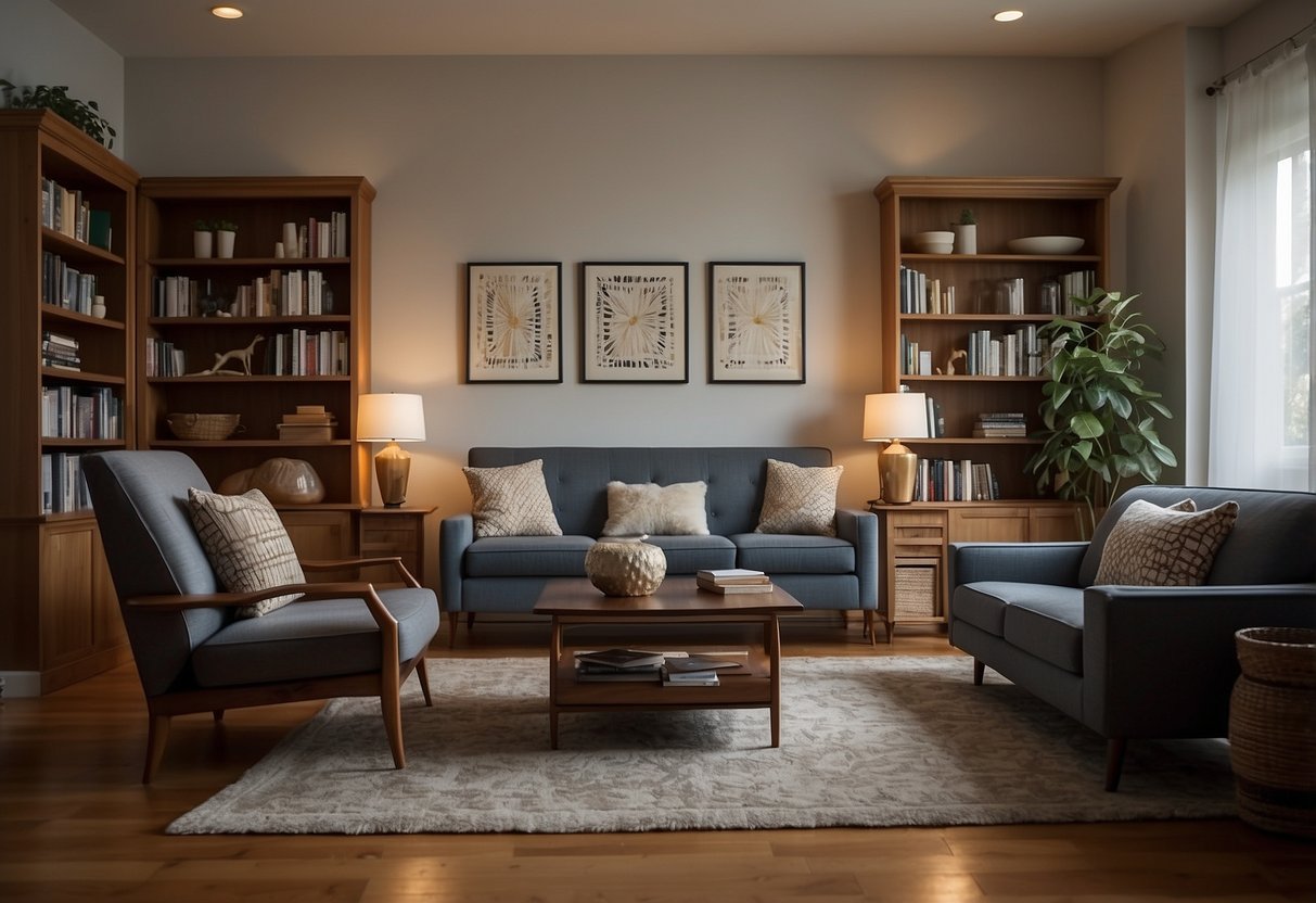 A living room with a sofa, coffee table, and armchair. A rug, floor lamp, and bookshelf complete the scene