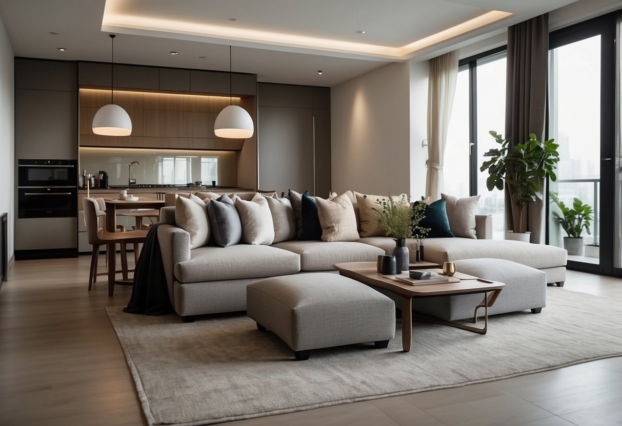 A modern show flat with sleek furniture, clean lines, and neutral tones. A spacious living room with a plush sofa, a stylish dining area with a table and chairs, and a cozy bedroom with a comfortable bed