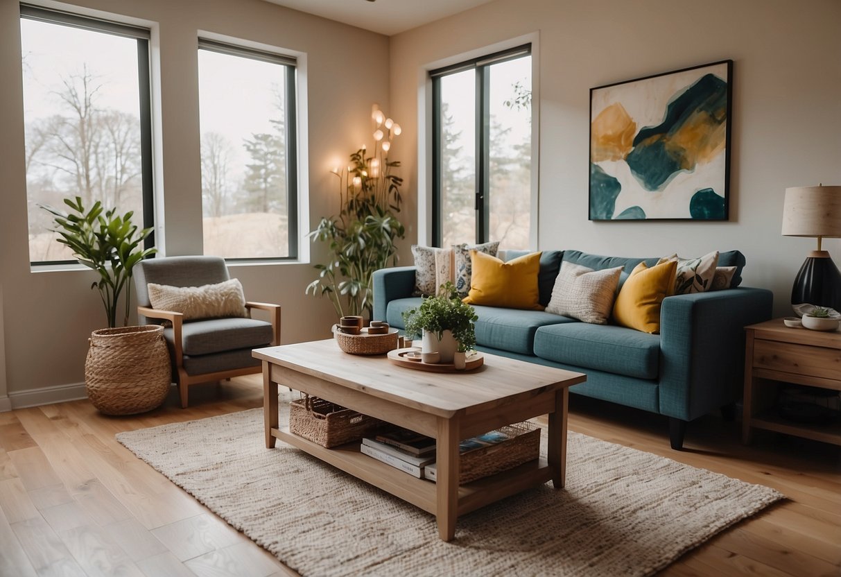 A cozy living room with modern furniture, soft lighting, and vibrant decor, creating a welcoming atmosphere for potential buyers to envision themselves in