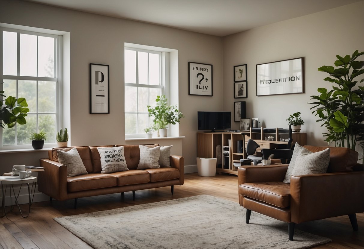 A room with neatly arranged flat furniture, surrounded by question marks and the words "Frequently Asked Questions" in bold letters