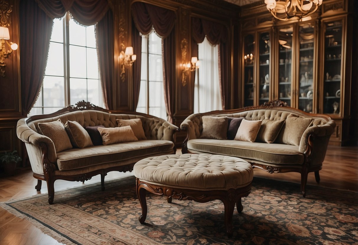 A luxurious Victorian sofa and ornate wooden chairs fill the opulent parlor, adorned with intricate carvings and plush velvet upholstery