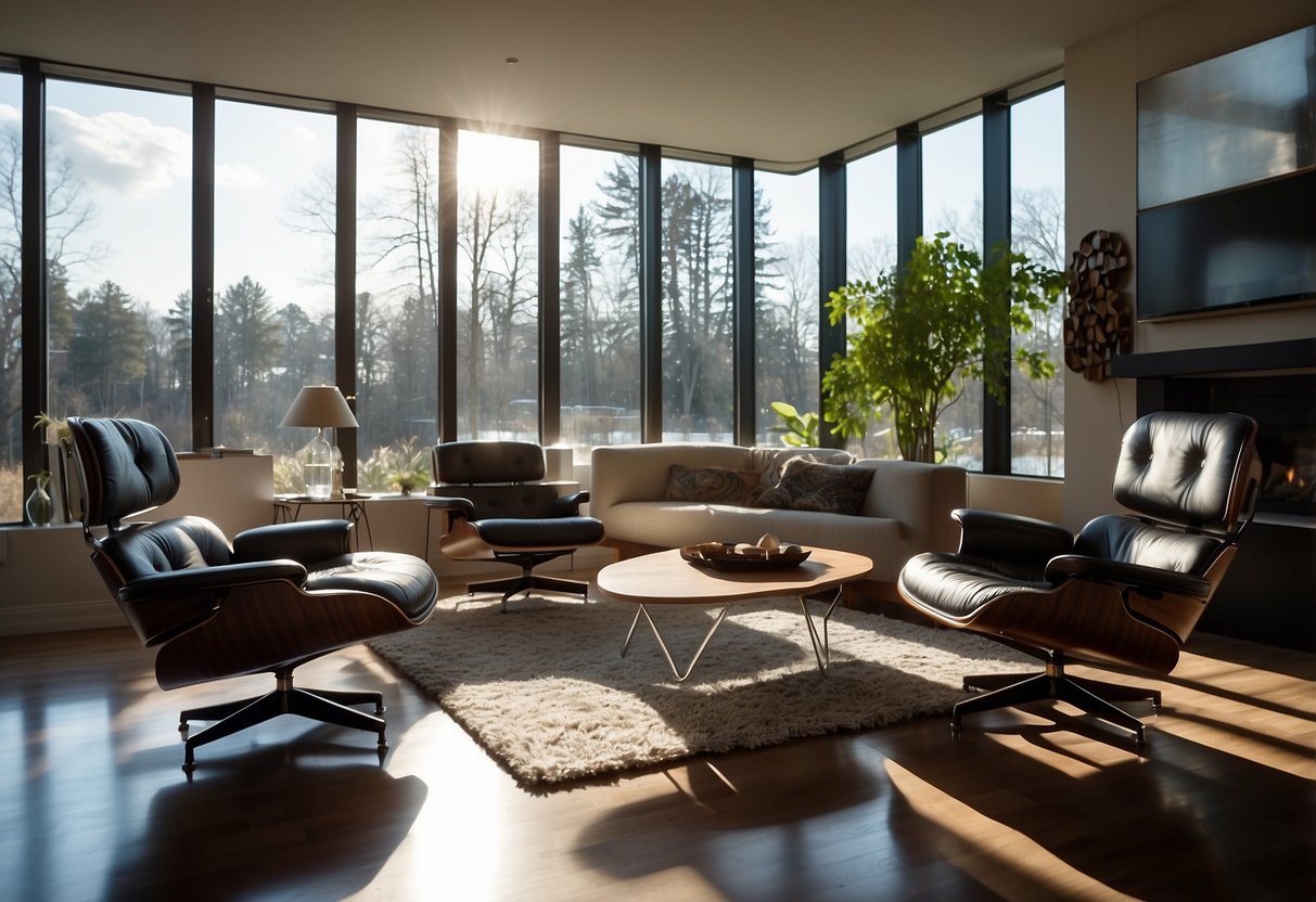 A modern living room with iconic Eames chairs and a sleek coffee table. Light streams in through large windows, casting shadows on the clean lines of the furniture