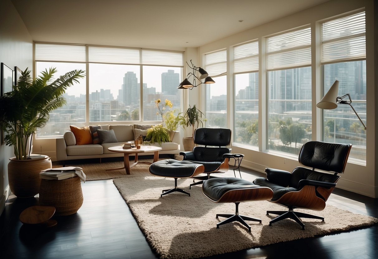 A modern living room with iconic Eames furniture, featuring the iconic lounge chair and ottoman, molded plywood chairs, and wire-based tables