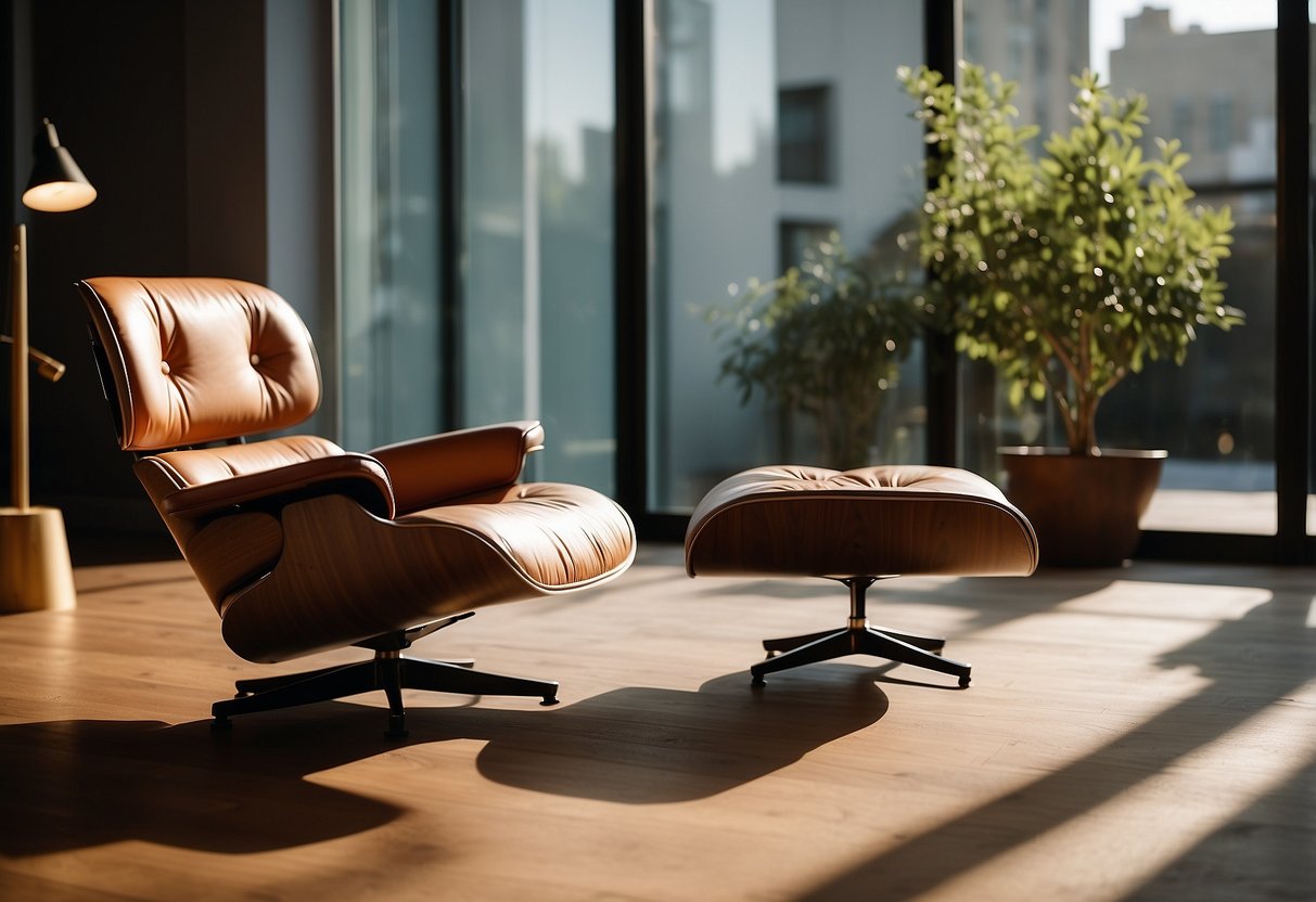 A sleek Eames lounge chair and ottoman sit in a sunlit living room, surrounded by modernist furniture and a minimalist decor