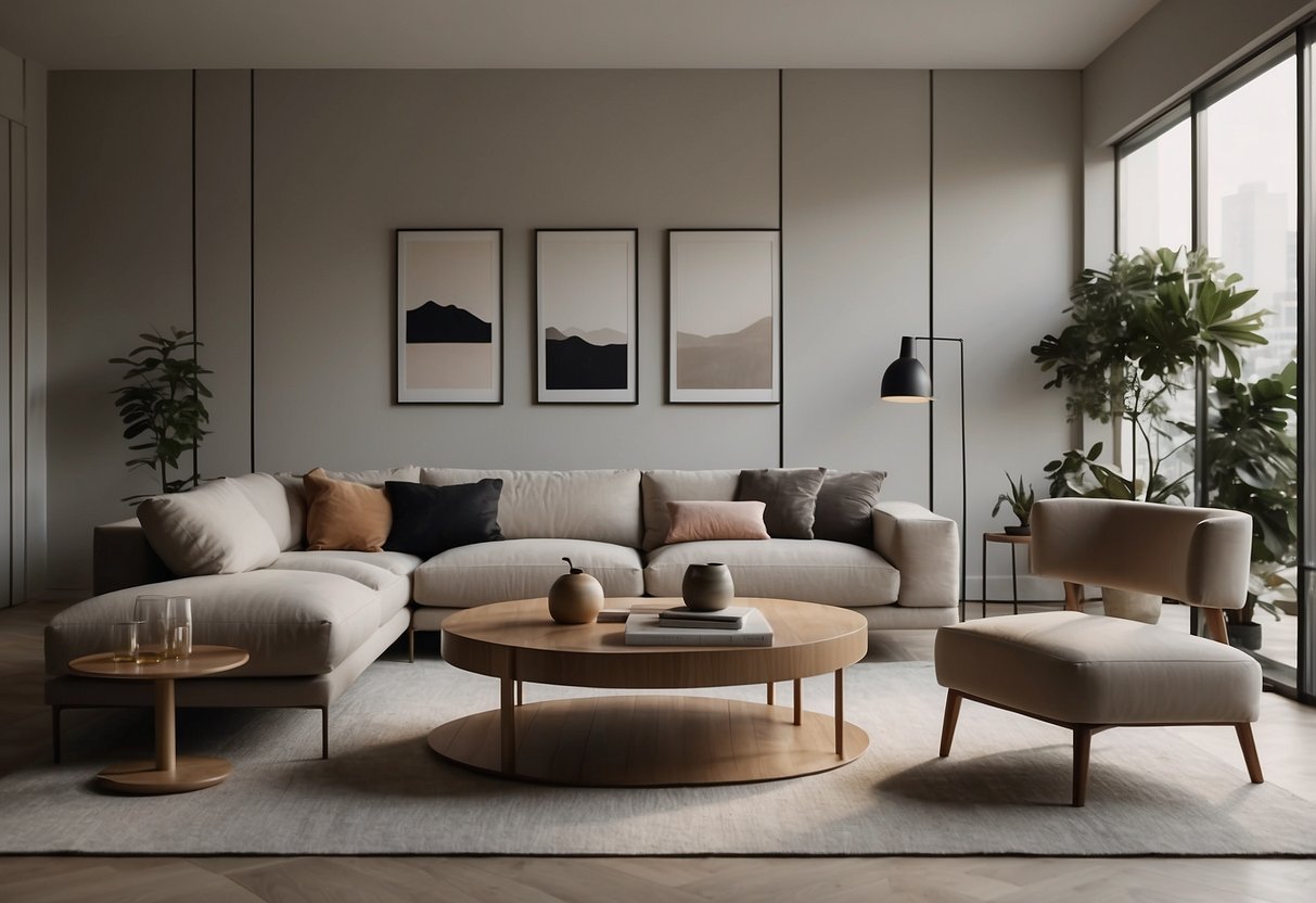 A minimalist living room with clean lines, neutral colors, and geometric shapes. Streamlined furniture and uncluttered space exude a sense of modernity