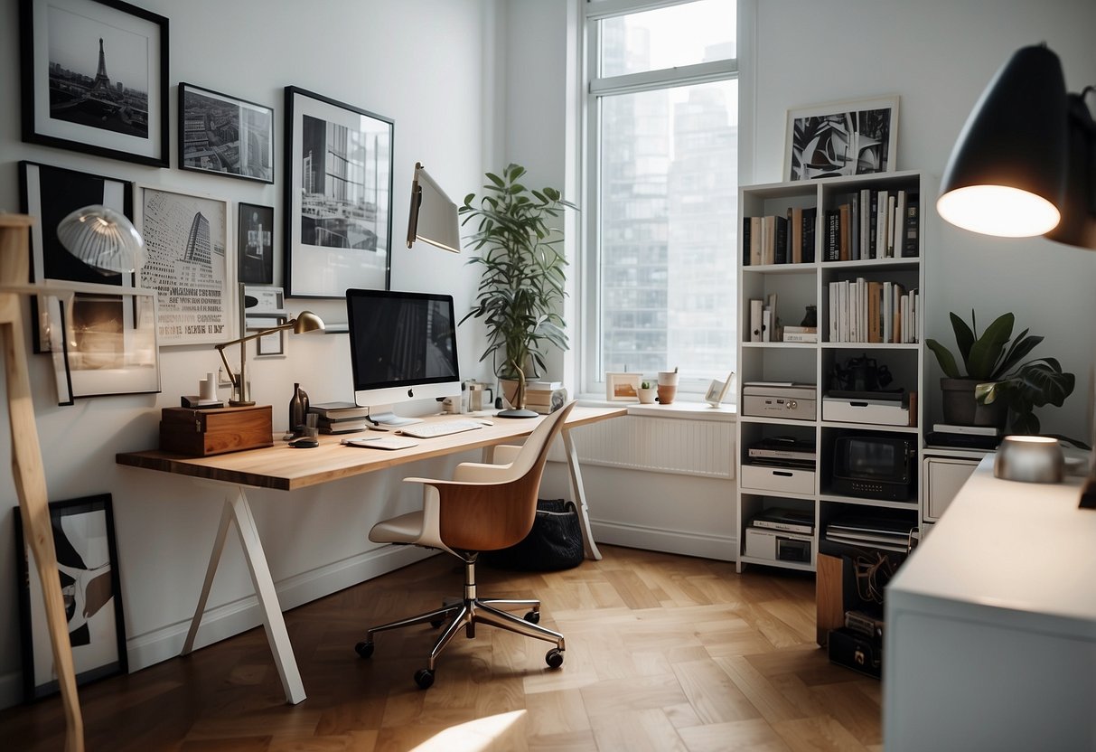 A clutter-free workspace with iconic Eames furniture pieces showcased. Bright, modern setting with clean lines and simple, elegant design