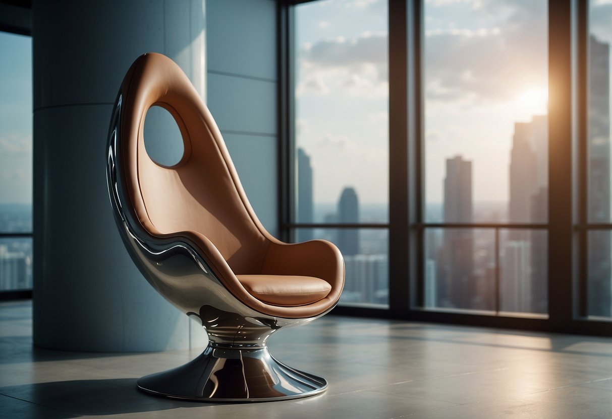 A futuristic chair designed by Luigi Colani, featuring sleek curves and ergonomic design, placed in a modern, minimalist interior setting