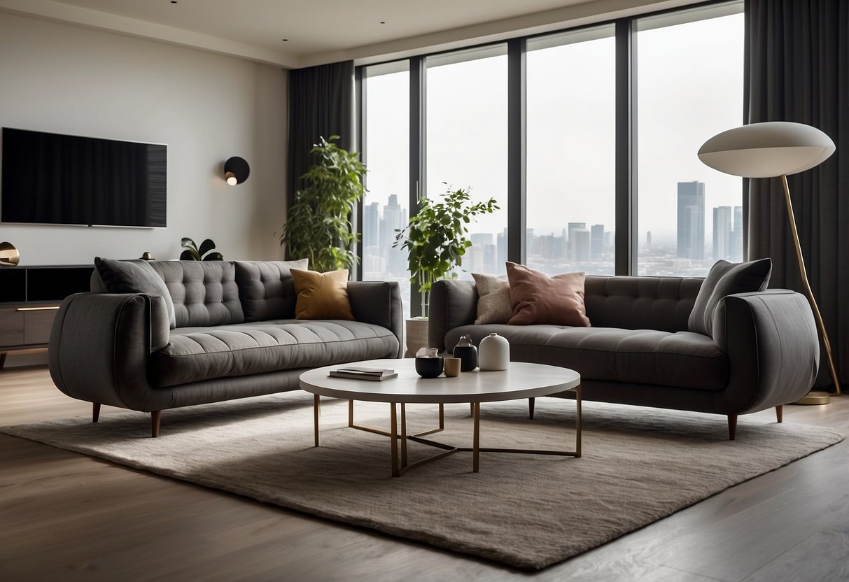 A room with sleek, modern furniture arranged in a clean, minimalist style. The furniture includes a sleek sofa, a stylish coffee table, and a contemporary entertainment unit