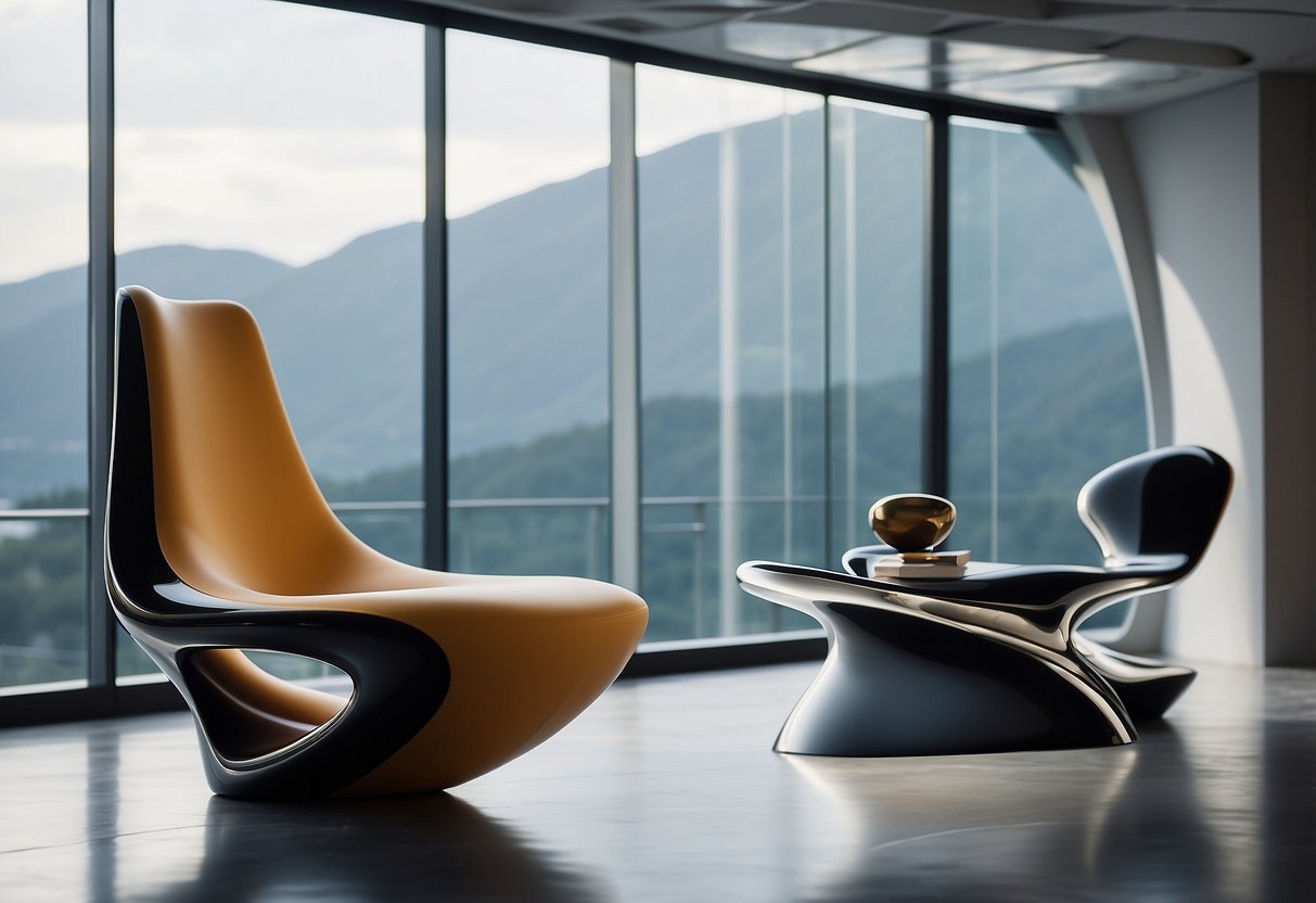 Sleek, futuristic furniture pieces by Luigi Colani, featuring flowing curves and bold, organic shapes, set against a minimalist, modern backdrop