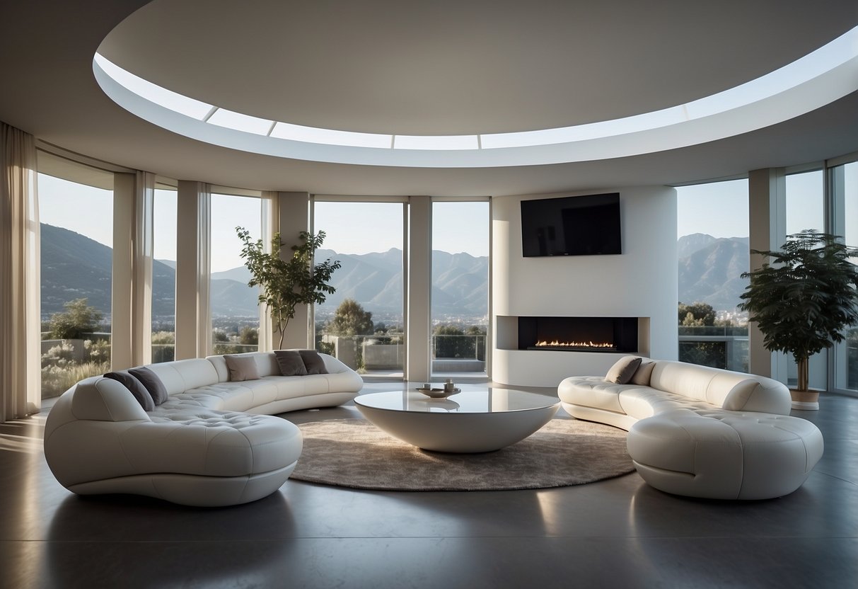 A modern living room with sleek, futuristic furniture designed by Luigi Colani. Clean lines, bold curves, and innovative materials create a dynamic and sophisticated space