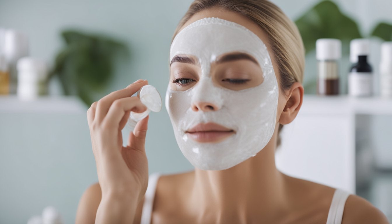 A woman applies a detoxifying face mask, surrounded by various skincare products and natural ingredients. The mask purifies her skin, leaving it fresh and rejuvenated