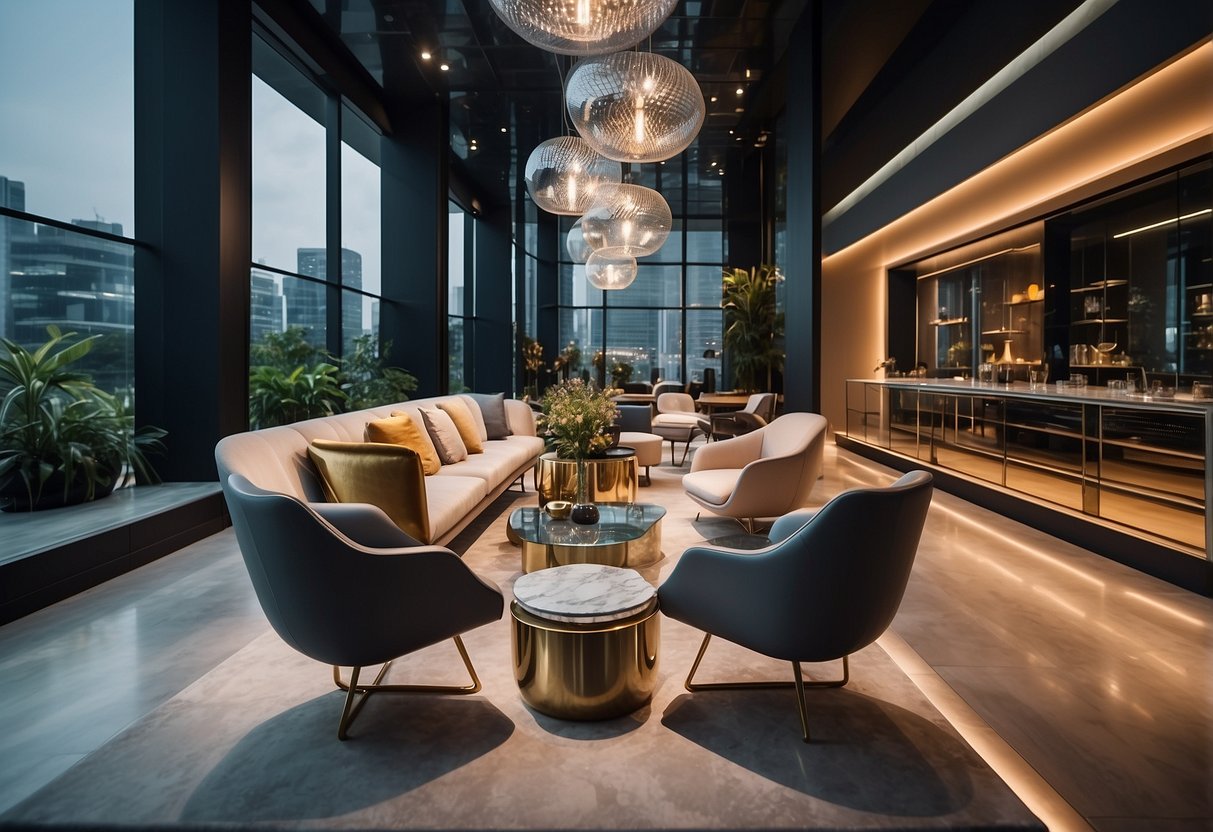 A sleek, modern space furniture store in Singapore with futuristic designs and clean lines. Bright lighting highlights the metallic and glass furnishings on display