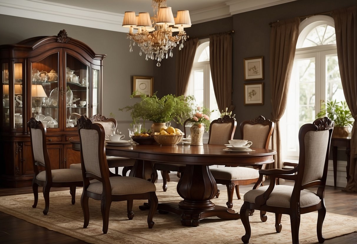 A room with solid cherry wood furniture, including a dining table, chairs, and a sideboard, all with rich, warm tones and elegant, traditional designs