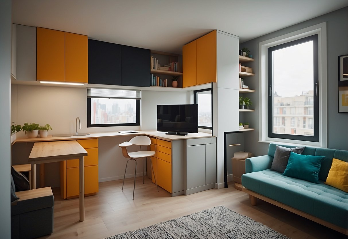 A compact studio apartment with a wall bed, folding table, and hidden storage compartments. Bright colors and modern design create a space-saving oasis