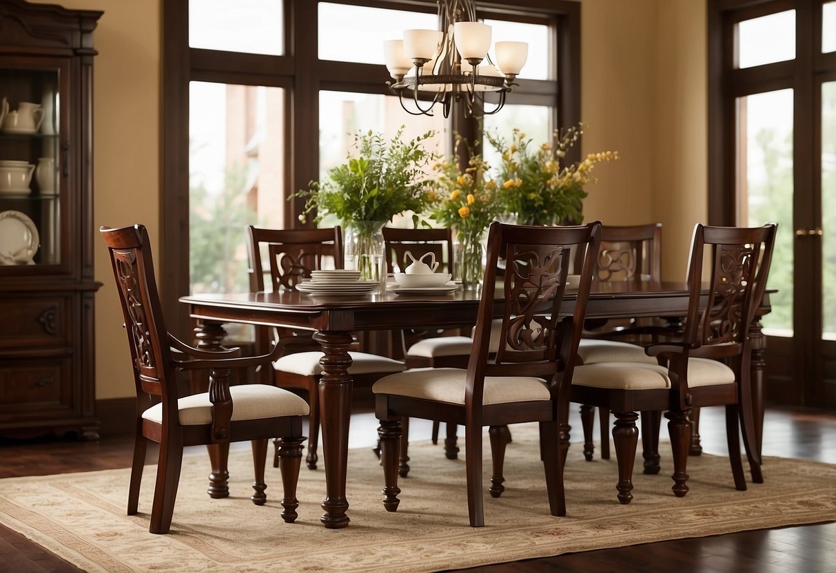 A room with a cherry wood dining table, chairs, and a sideboard. The furniture is solid and polished, with a rich, reddish-brown color