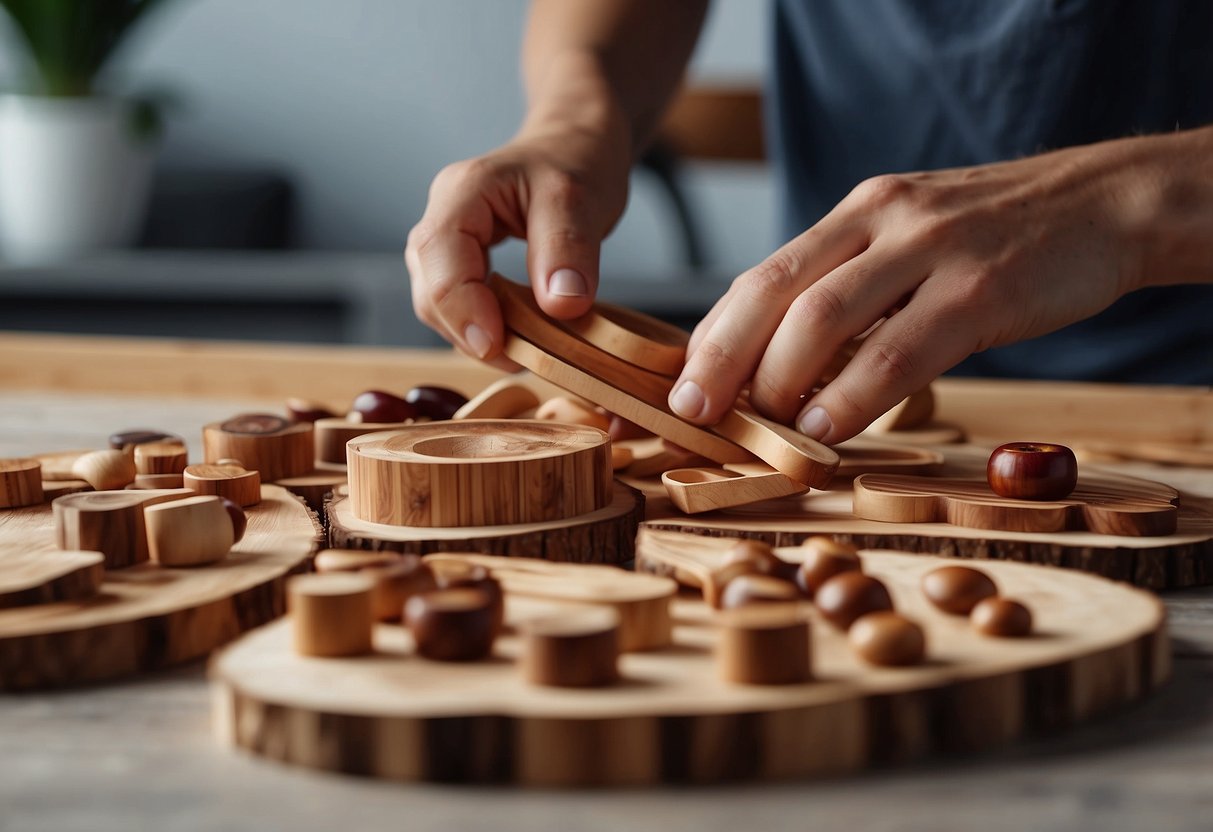 A person carefully selects cherry wood pieces for their home furniture