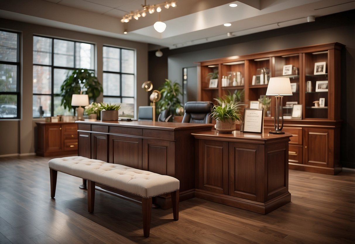 A showroom display of solid cherry wood furniture with a sign reading "Frequently Asked Questions" displayed prominently