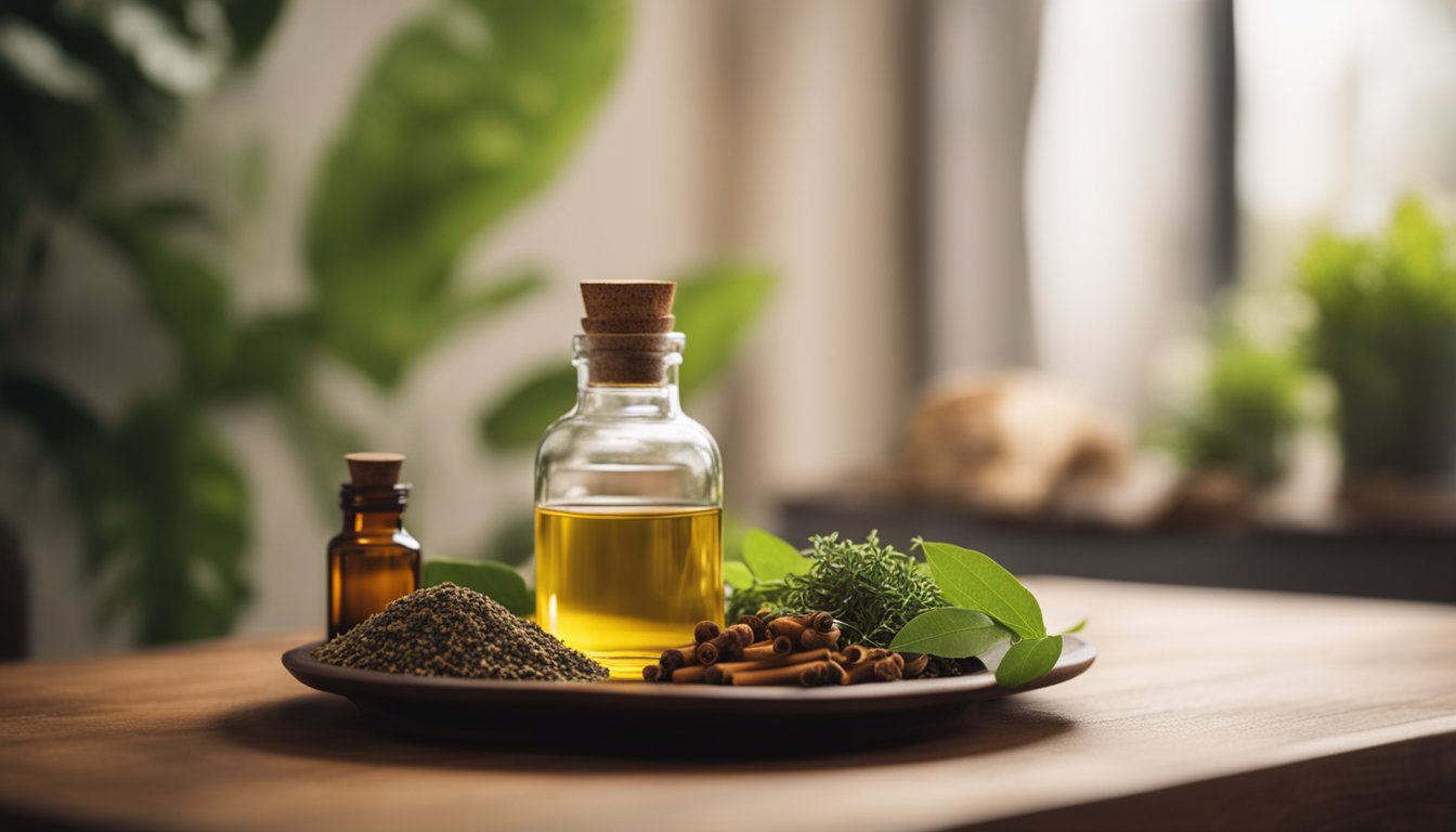 A serene room with herbal oils, warm water, and healing spices. A glowing fireplace adds to the cozy atmosphere. Ayurvedic herbs and powders are neatly arranged on a wooden table