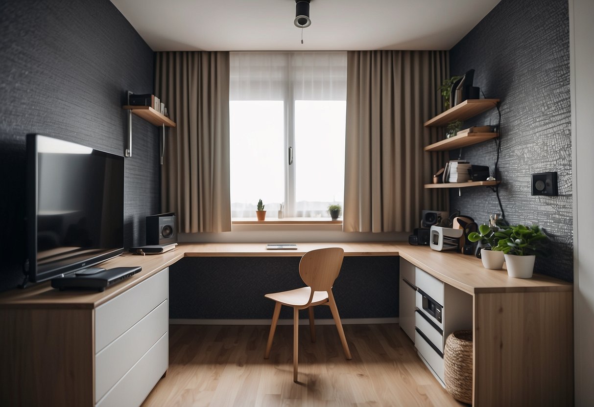 A small room with basic, low-cost modular furniture arranged neatly