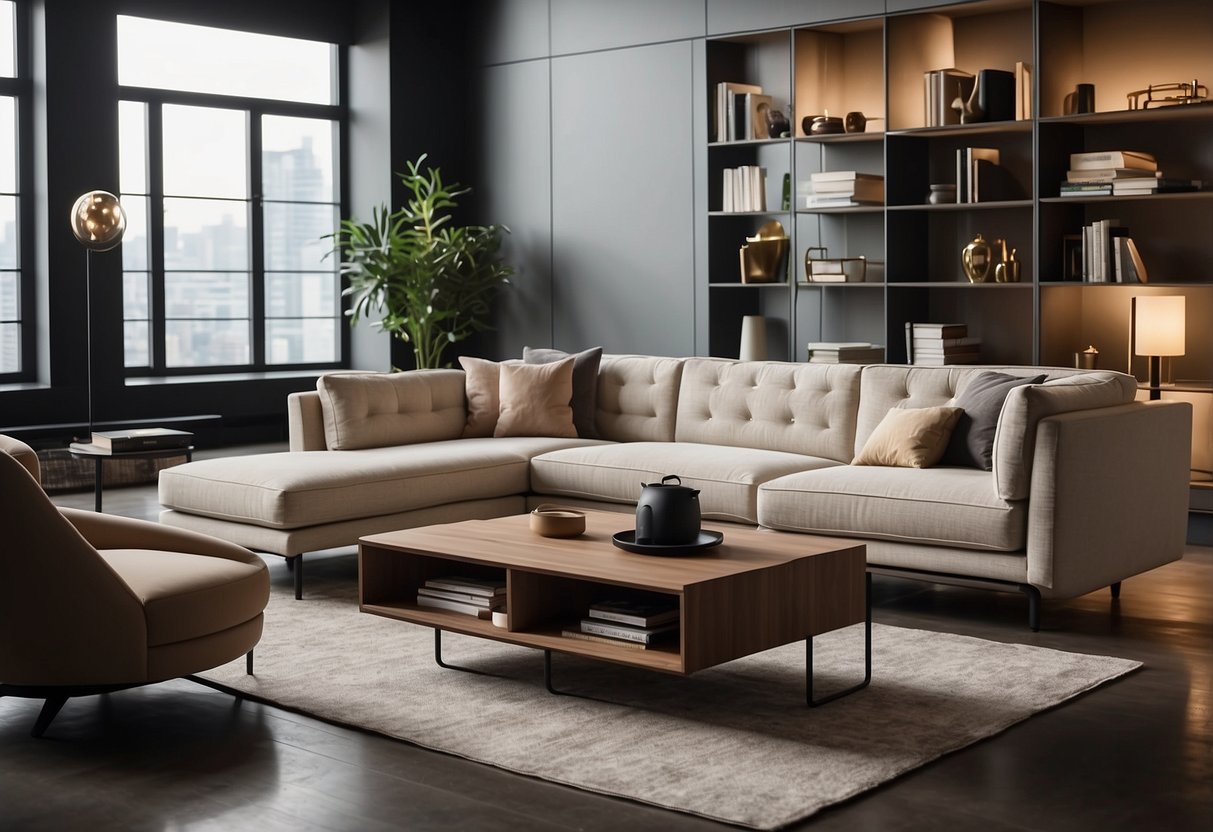 A room with various modular furniture pieces, including a sofa, coffee table, and bookshelf. The furniture is sleek and modern, with clean lines and neutral colors