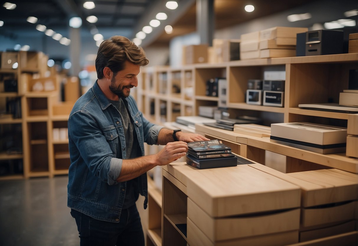 A person selects and purchases affordable modular furniture from a store display