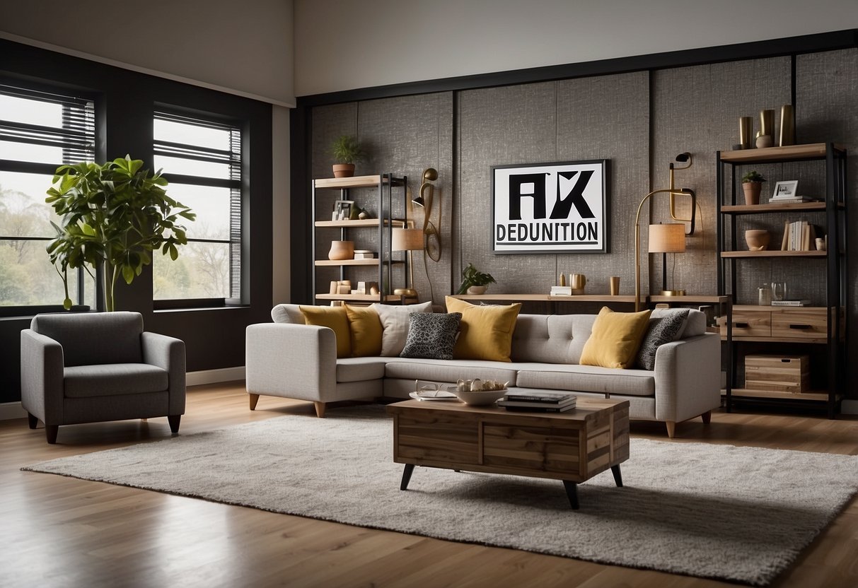 A room with various modular furniture pieces, labeled "Frequently Asked Questions" in bold letters, surrounded by question marks