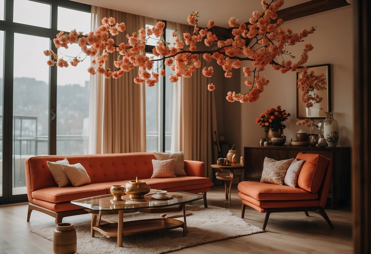 A living room with vibrant red and gold furniture, paper lanterns, and blooming cherry blossom branches, evoking the spirit of the Lunar New Year