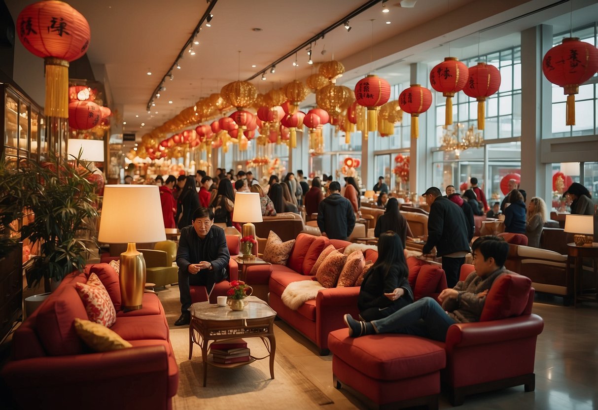 A crowded furniture store with red and gold decorations, customers browsing, and a sign that reads "Chinese New Year Furniture Sale - Frequently Asked Questions"