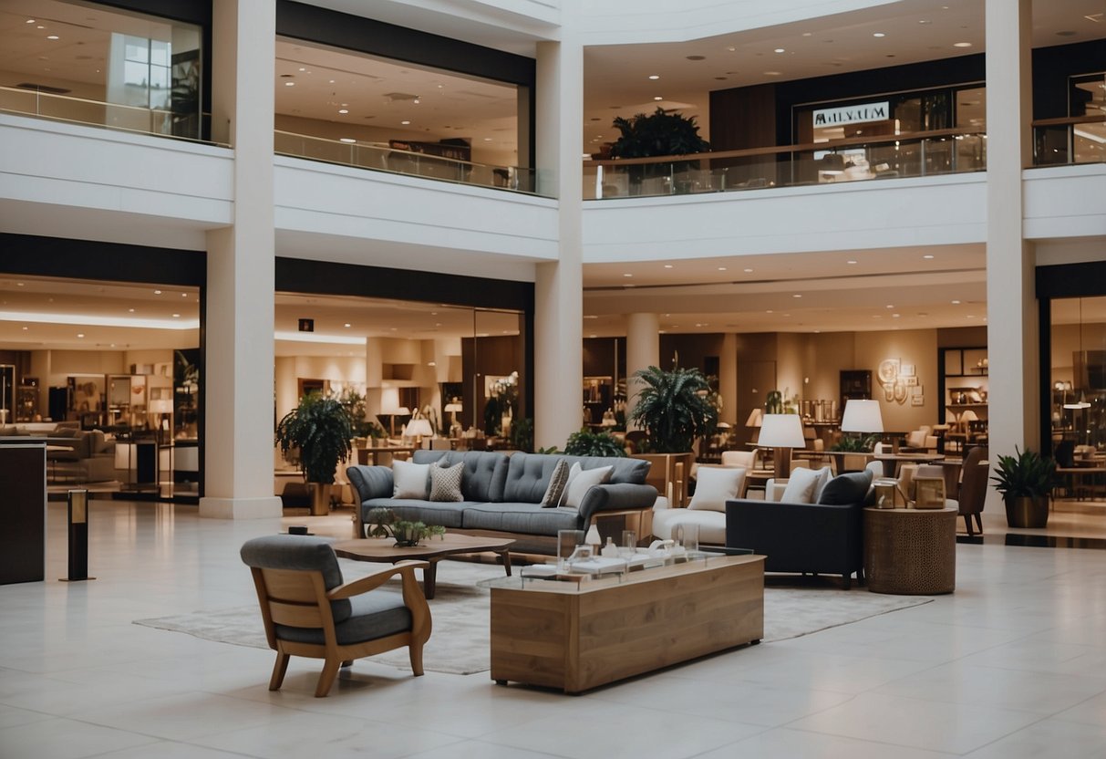 The furniture shop sits in the bustling city square mall, with a display of modern and classic pieces in the window. Shoppers browse through the well-lit, spacious store, admiring the stylish and comfortable furnishings