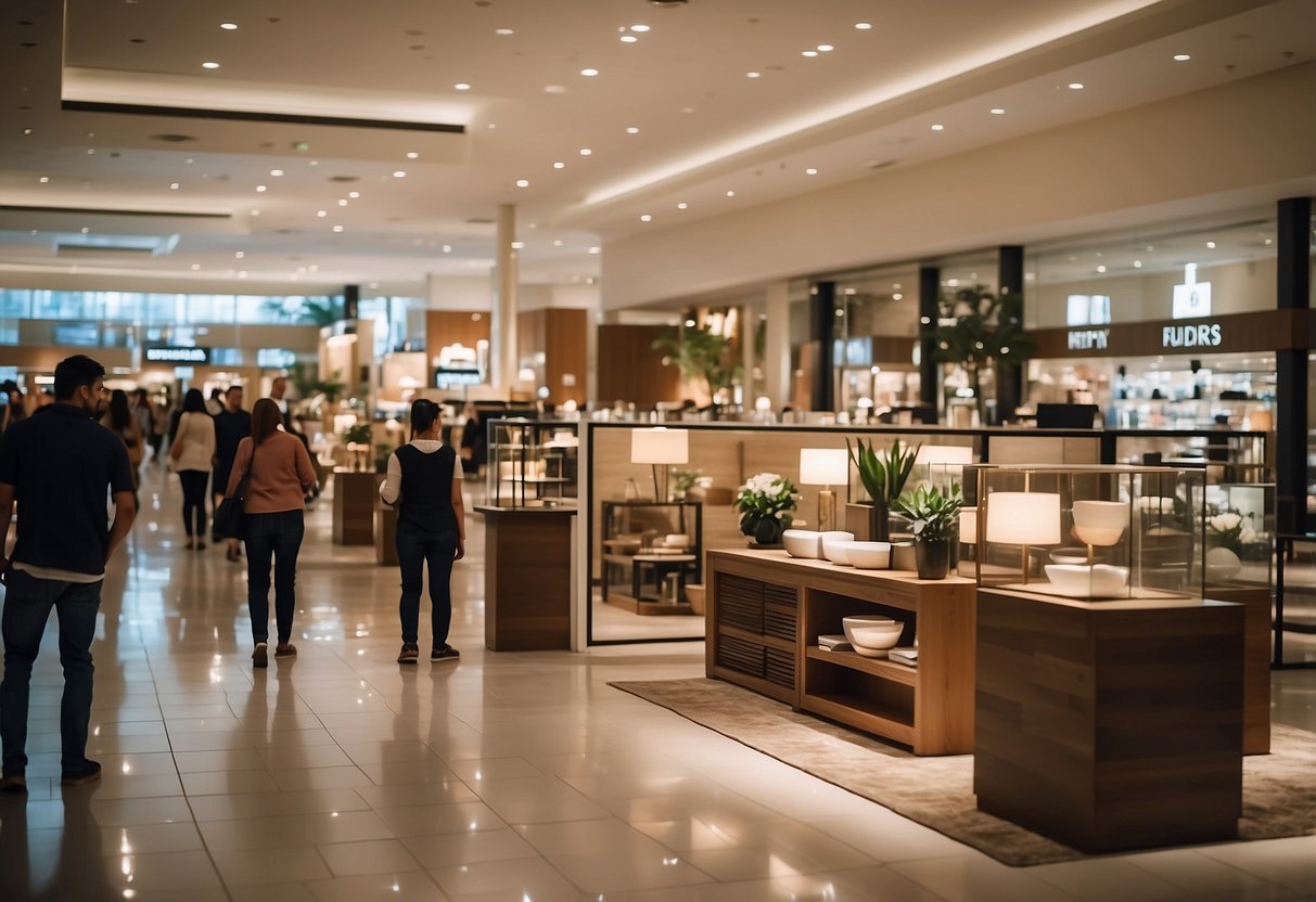 Customers browse furniture displays in City Square Mall shops. Bright lights illuminate modern and classic styles