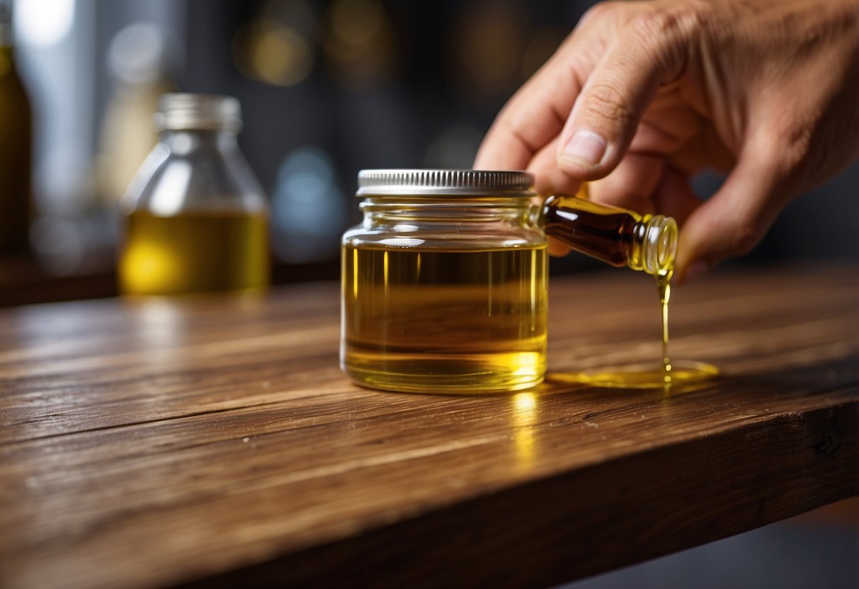 A person applies teak oil to a weathered teak wood table, restoring its rich color and smooth finish. A soft cloth and a bottle of teak oil are nearby