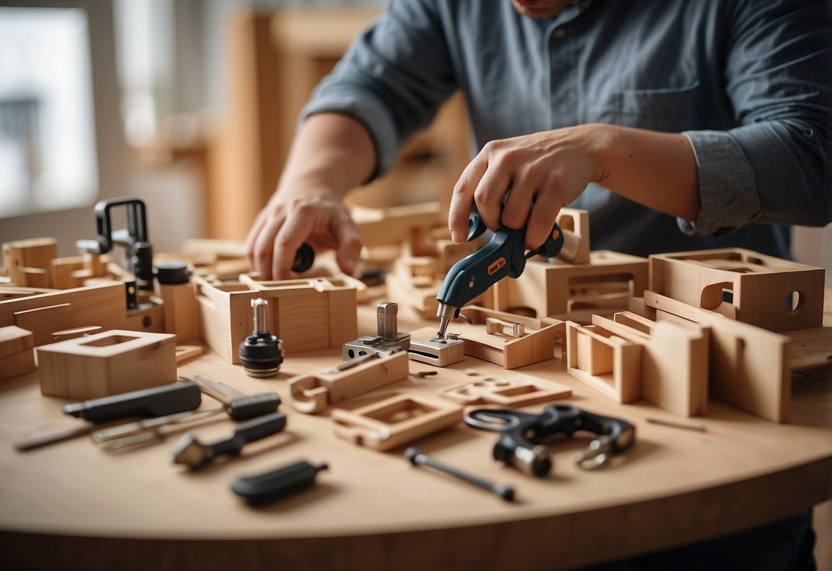 A person assembles Taobao furniture with tools and instructions in a well-lit room