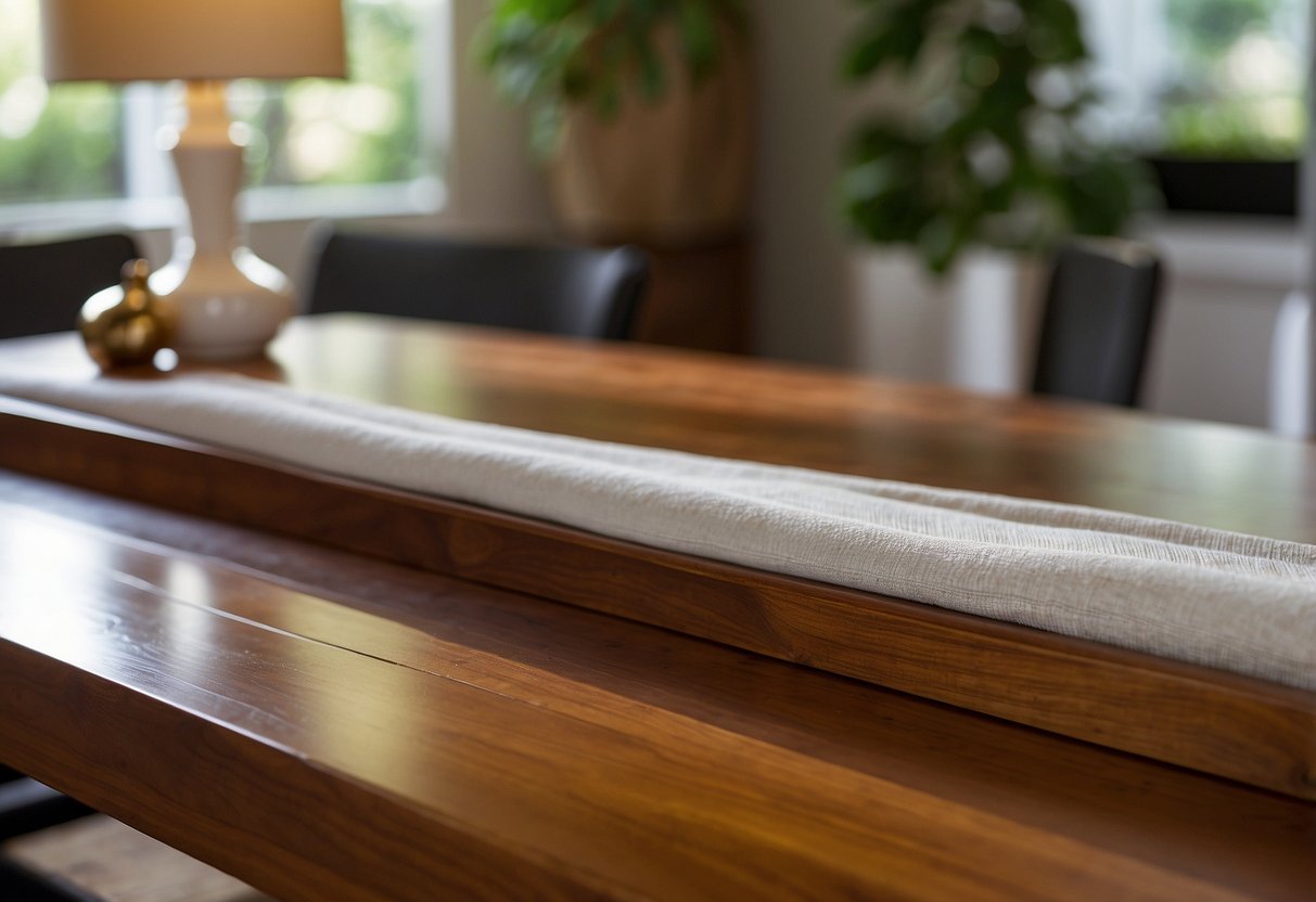 A teak wood table is being gently wiped with a soft cloth, applying teak oil to maintain its natural luster and protect it from moisture and sun damage