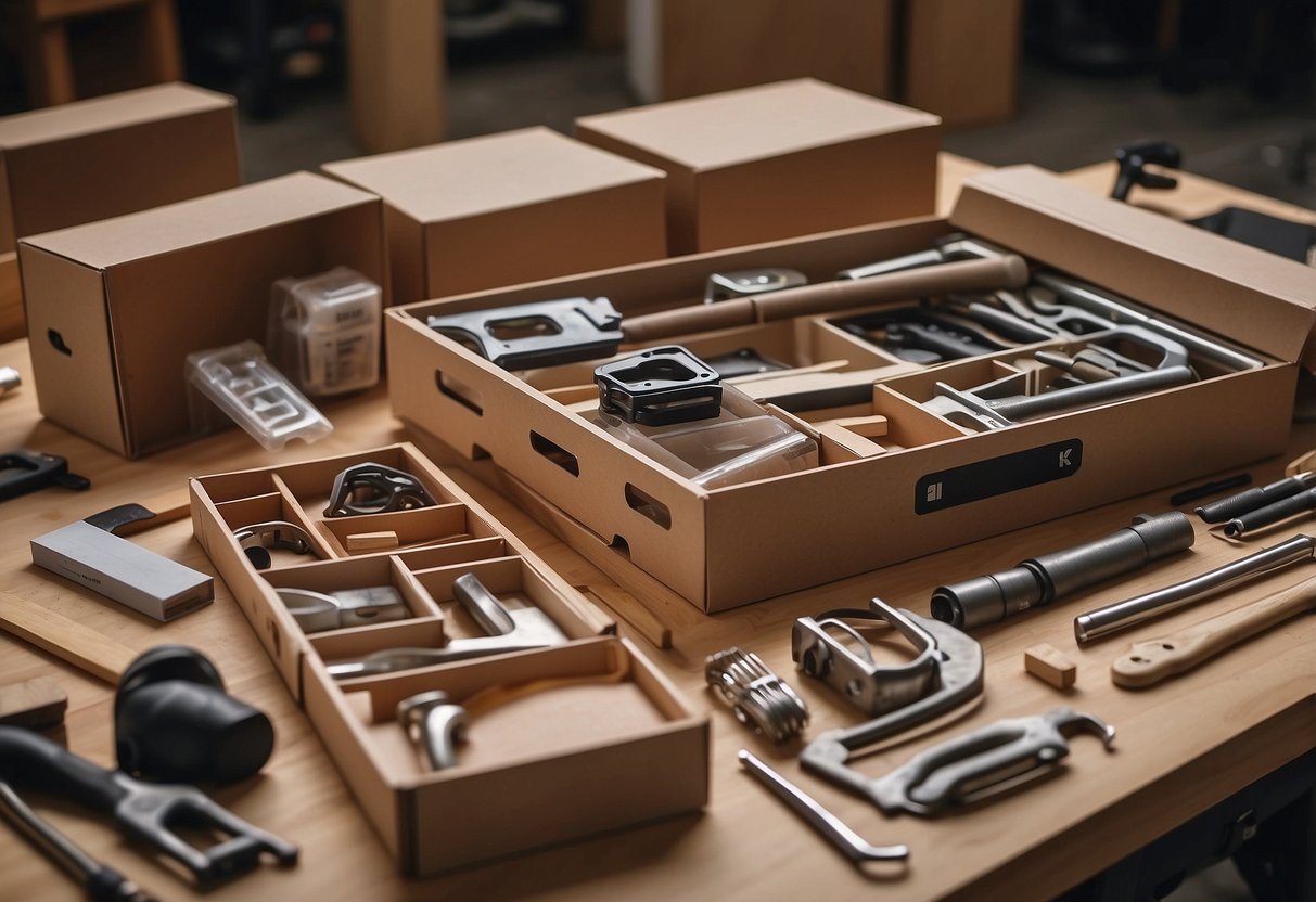 A box of flat-packed furniture sits next to a set of tools and assembly instructions. Pieces are laid out in an organized manner, ready to be put together