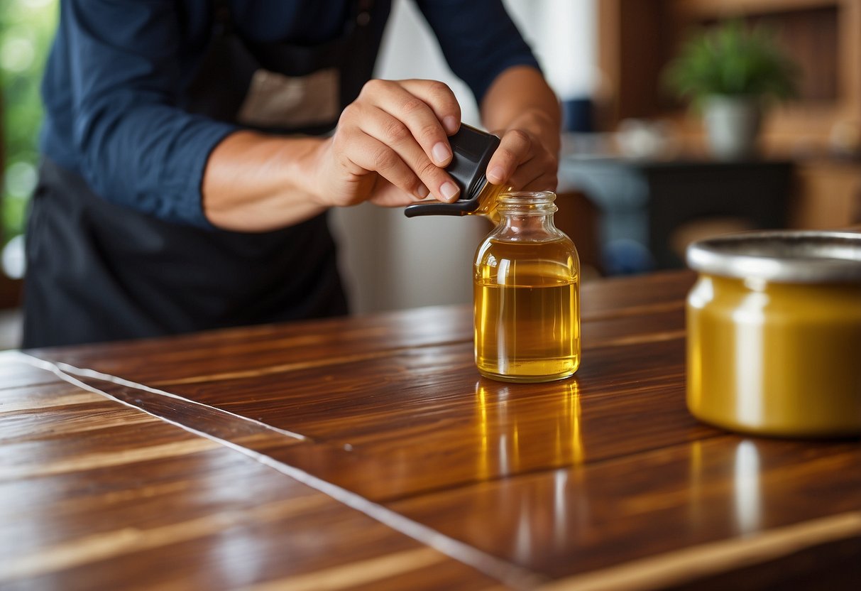 A person applies protective oil to teak furniture, enhancing its natural beauty and durability